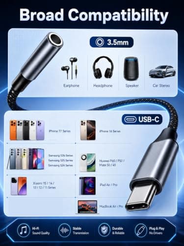 3.5mm to USB C Aux Adapter 2 Pack, Braided Headphone Jack to USB C Cable with Hi-Fi DAC, Lossless Audio, Plug and Play, for iPhone 17/16/15, Samsung, iPad, MacBook, for Home/Travel/Gaming — view 3