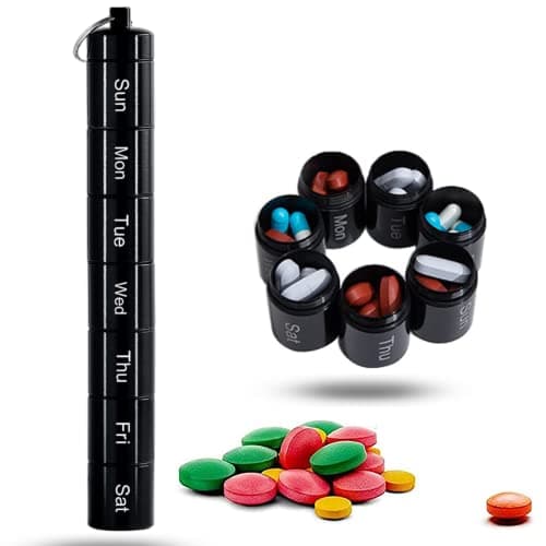 Pill Box 7 Day Metal,Weekly Pill Box Organiser Portable Pill Cases Waterproof Daily Pill Container Holder Metal Pocket Pill Boxes Travel Pill Holder for Men Women (Black)