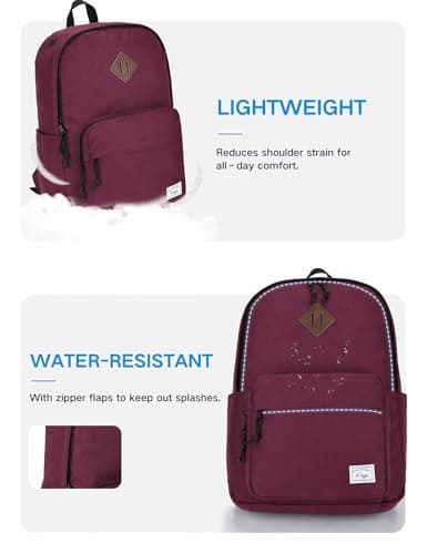 Kasgo 17.8L Lightweight School Backpack for Women Teens Girls, Wine Red — view 4