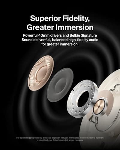 Belkin SoundForm Isolate Noise-Cancelling Wireless Headphones, over ear headphones with mic, Bluetooth headphones with 60H playtime, deep bass, CloudCushion ear cups for travel, home, office - Beige — view 6