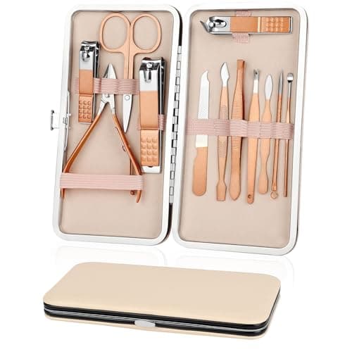 AYBUY Manicure Set, 12pcs Nail Clippers Pedicure Kit, Portable Nail Trimming set,Stainless Steel Grooming Tools with Fine Leather Case for Men Women Friends and Parents(Rose Gold)