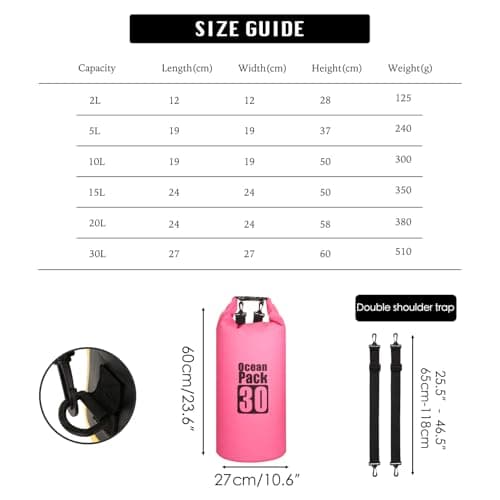 Morainjay 30L Rose Red Dry Bags, Waterproof, Large/Small Capacity 2L-30L, Adjustable Shoulder Strap for Outdoor Activities — view 2