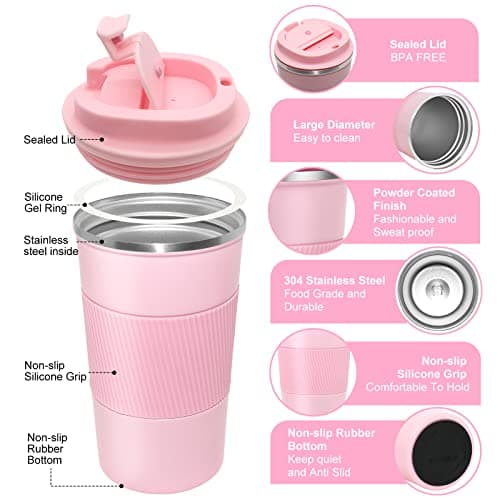 Dycietx Travel Mug with Leakproof Lid,Insulated Reusable Coffee for Hot&Cold Drinks/Tea,Portable Stainless Steel Thermal Takeaway Cup Car/Outdoor/Picnic/ Office/School (510ml Pink) (CM03RD) — view 3