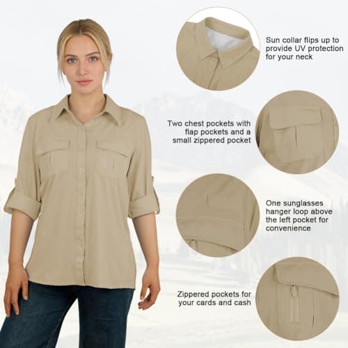 BSBUY Women's UPF 50 Shirts Ladies Safari Sun Shirts Quick Dry Fishing Hiking Shirts Lightweight Outdoor Tops Button Up Outfits Blouses with Pockets Long Sleeve UV Protection Shirt Blouses(L) — view 3