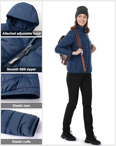 Outdoor Ventures Women's Winter Lightweight Puffer Jacket with Hood, Warm, Short, Packable, Quilted, Transitional, Padded Jacket for Ladies, Lined for Hiking, Travel Navy Blue L — view 4