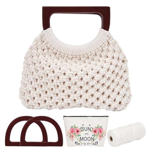 WEBEEDY Macrame Bag DIY Kit for Adults Beginners Macrame Purse Kit for Women Boho Macrame Handbag with 100m Macrame Cord, Wooden Handle, DIY Bag Making Crafts Supplies for Mother's Day Beach Trips