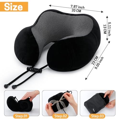 Memory Foam Comfort Travel Pillow for Airplane & Car，Adjustable Neck Pillow, Neck and Head Support Cushion with Ear Plugs, Eye Mask, Carry Bag, Compact Travel Essentials Gift for Adults (Black) — view 3