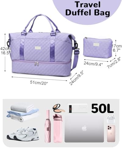 Outplea 50L Travel Duffel Bag Women, Large Weekend Overnight Holdall Bag with Toiletry Pouch, Maternity Hospital Bags with Shoe Compartment & Wet Pocket, Purple — view 2