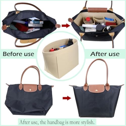 Lckaey tote bag organizer insert for Longchamp le pliage large tote insert felt purse zipper bag organizer beige, L/16.5 * 6.7 * 9.8in — view 5