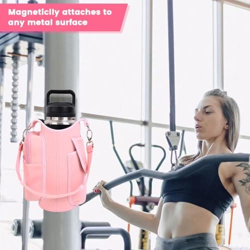 icolor Gym Magnetic Bag Water Bottle Carrier Holder with Strap & Phone Pockets, Diameter 3.9" Magnetic Gym Bag 5 Built-in Magnets Gym Accessories Organizer Pouch Sling Sleeve (Neoprene, Pink) — view 5