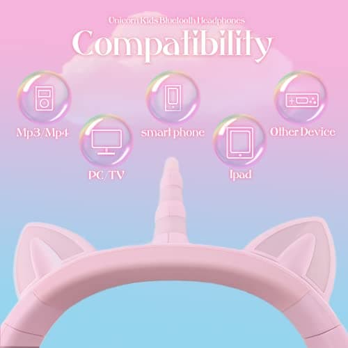 YUSONIC Unicorn Headphones, Bluetooth Headphones for Girls Boys Laptop Tablet, LED Lighting Kids Headphones for Birthday Travel School Gifts (Purple 27) — view 3