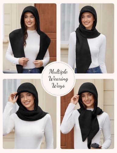 heekpek Hooded Scarf for Women 2 in 1 Hat Scarf Black — view 2