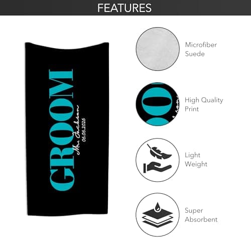Print Maniacs Personalised Groom Beach Towel with Name and Date Custom Microfibre Towel Large Quick Dry Lightweight Travel Towel Wedding Honeymoon Stag Party Pool Spa Gift for Him — view 3