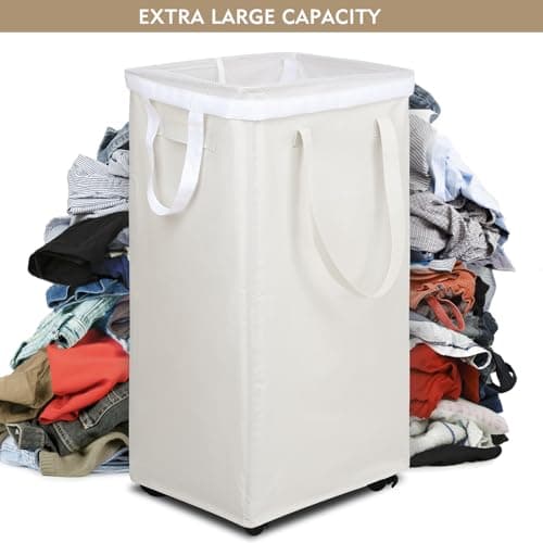 DOKEHOM 90L X-Large Rolling Laundry Basket Hamper on Wheels, Beige — view 5