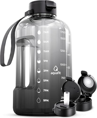 AQUAFIT 2 Litre Water Bottle with Straw - Water Bottles 2L with Time Marker - Half Gallon Big Bottle with Straw - Large Bottle For Gym - Grey Fade, 2 Lids