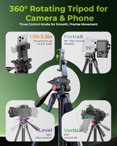 CAMBOFOTO 72" Camera Tripod for DSLR & Phone, Travel Tripod with Phone Clip — view 5