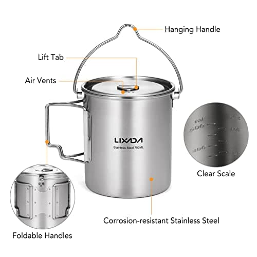 Lixada Camping Water Cup with Foldable Handles and Lid 750ml Stainless Steel Mug Hanging Pot for Camping Hiking Backpacking Picnic — view 3