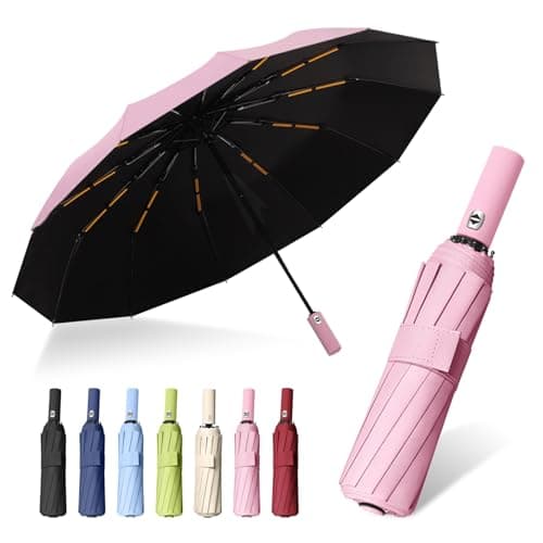 FANSEZQ ANSEZQ Windproof Travel Umbrella - Automatic Open Close, 24 Ribs Heavy Duty Compact Folding Umbrella, UV Protection Rain Umbrella for Men and Women (pink)