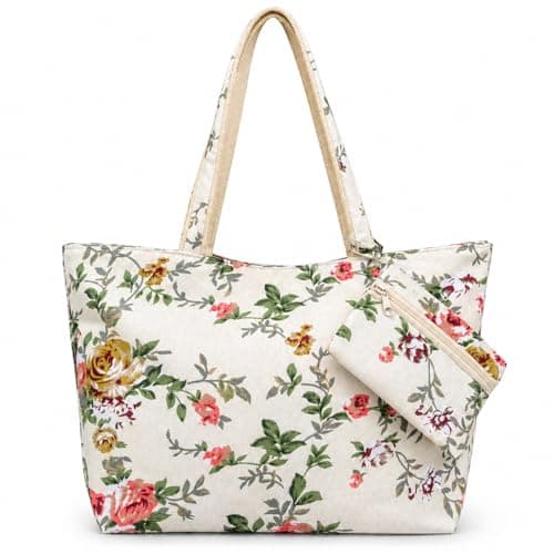 Lightweight Floral Canvas Tote with Free Purse, Shoulder Shopping & Travel Beach Bag for Women (Red, L)
