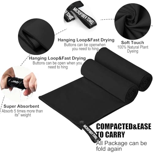 InfiniZer Gym Towel 2/3-Pack, Quick-Dry Microfibre Towel for Sports, Gym, Beach & Camping, Ultra-Lightweight & Portable (Black*2, S+M（(11.8 * 15.7+31.5 * 15.7In）) — view 3