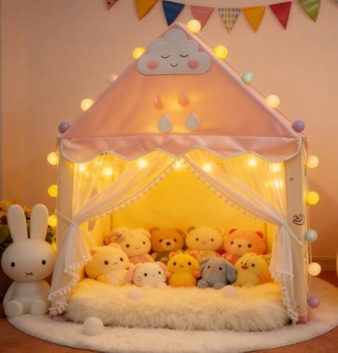 Kids Tent Play House with Lights, Kids Play Tent with Multi-Coloured Ball Lights & Tote Bag & Flags & Clouds, Indoor Outdoor Princess Tents Toddlers Playhouse for Girls Boys Birthday Gifts(Pink) — view 5