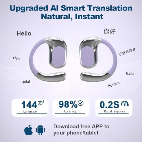 OWS AI Language Translator Earbuds Real Time, Supports 144 Languages, Earphone 3-in-1 Accents，Headphones Language Earbud Translators Bluetooth & APP for Travel, Business, and Learning（Purple） — view 2