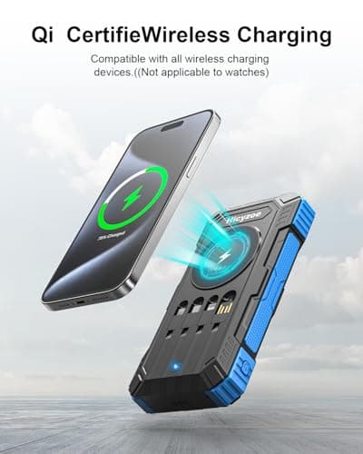 Solar Power Bank, 26800mAh Power Bank with 4 Built-in Cables, Portable Charger with USB-C Fast Charging, Qi Wireless Charging with LED Flashlights, for Cell Phones, Tablets, and Camping — view 4