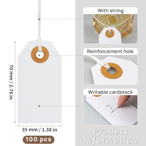 Hanqing Price Tags with String, 100 Pcs Hang Card with Reinforced Hole, Blank Paper Display Tags for Luggage, Clothing, Gifts, Jewelry (White) — view 2