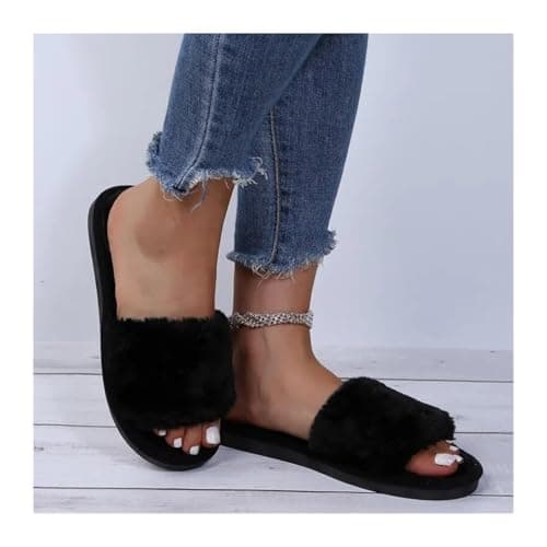 MTKSFDC Open Toe Slippers Women Winter Women Winter House Slippers Non-Slip Casual Indoor Flats Floor Shoes Ladies Flip Flops Warm Shoes Solid Colors Ladies Slider Slippers(Burgundy,38-39) — view 5