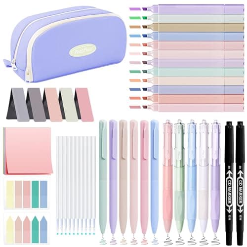 YIBONIKA 44 PCS Aesthetic School Supplies with Pen Case, 6 Colour Pens, 12 Pastel Highlighters, 5 Black Pens, Bookmarks, Essentials Stationery Set for Students Back to School Supplies (Blue)