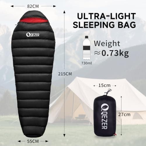 QEZER Ultralight Sleeping Bag for Adults,only 780g Backpacking Sleeping Bag Filled 600+FP Duck Down 5°C 15°C for Camping,and Hiking,Warehouse Outdoor — view 2