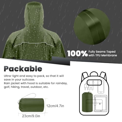 SOPPY Waterproof Rainsuit Jacket Pants Suits for Men Women, Hooded Rain Jacket Waterproof Coat with Trousers, Packable Raincoat Sets with Carrying Bag for Fishing Hiking Camping (Army Green, L) — view 6