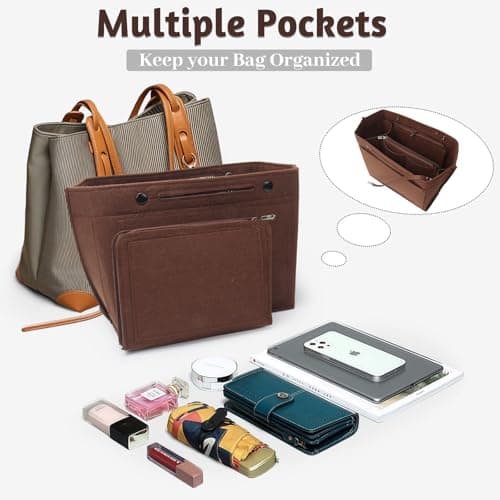 AIYJWXINP Bag Insert Organizer, Handbag Organiser Insert, Multi-Pocket Felt Handbag Organizer With Zipper for Insert Wallet Organizer, Folding Tote Bag Organizer Insert for Longchamp (brown, M) — view 3