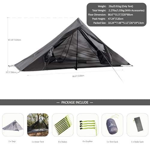 Nature Link Altair One Ultralight Backpacking Tent, 1 Person Trekking Pole Backpacking Tent, Waterproof, Compact, 3 Season, Double Wall Shelter for Backpacking, Camping, Hiking, Trekking — view 2
