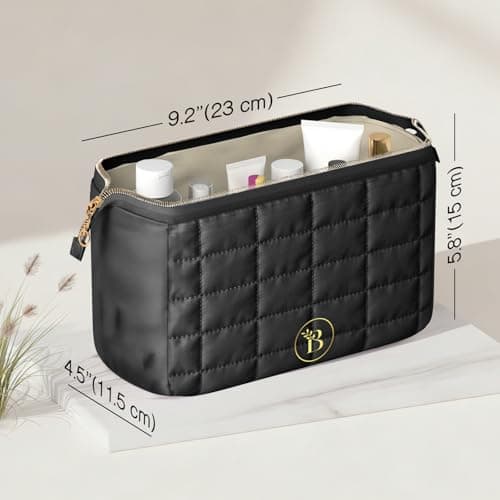 Quilted Black Makeup Bag for Women, Travel Toiletry Bag with Wide-Open Top & Zipper Pouch, Travel Makeup Case Organizer with Internal Pockets, Puffy Cosmetic Pouch for Everyday Essentials — view 4
