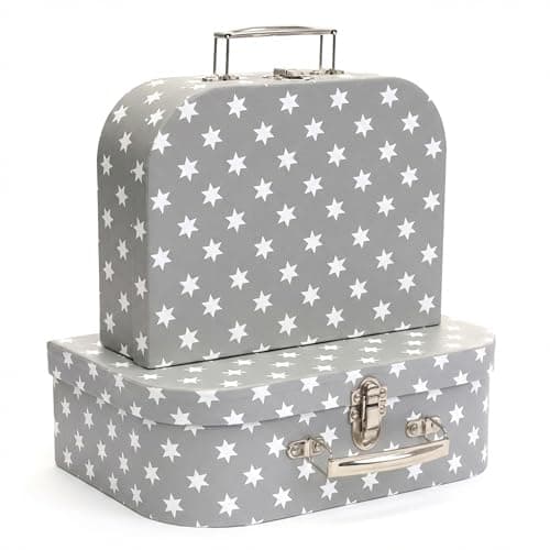 Hoolaroo Gift Box Suitcases with Metal Handles, Grey with White Stars Pattern, Set of 2, Small 20cm x 15cm x 8.5cm, Large 25cm x 18cm x 9cm