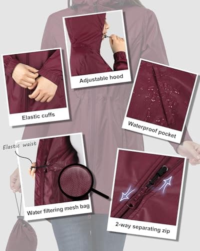 33,000ft Women's Rain Jacket Lightweight Hooded Long Rain Coat Waterproof Jacket Ladies Packable Functional Jacket Windbreaker Breathable Active Outdoor Coats Wine RedM/12 — view 5