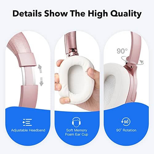 Active Noise Cancelling Headphones, Over Ear Wireless Bluetooth Headphones, Hi-Res Audio, Deep Bass Memory Foam Ear Cups, 40H Playtime for Travel Home Office (Pink) — view 4