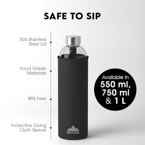 Mont-Clair Kristal Borosilicate Glass Water Bottle 550ml with Neoprene Sleeve - Leak Proof + BPA Free - Hot & Cold Drinks - Ideal for Adult, Kids, Travel, Sports, Gym, Running - Black — view 2
