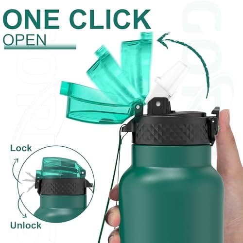 GOPPUS 750ml/26oz Stainless Water Bottle with Straw Double Wall Insulated Bottles with Strap Reusable Vacuum Thermal Flask Leakproof Keep Cold Drinks Bottles with Flip Top Lid BPA Free (Green Black) — view 3