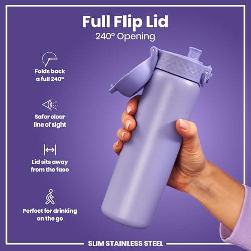 Ion8 Lightweight Steel Water Bottle, 600 ml/20 oz, Non-Insulated, Leak Proof, Easy to Open, Secure Lock, Dishwasher Safe, Flip Cover, Fits Cup Holders, Carry Handle, Metal Water Bottle, Light Purple — view 4