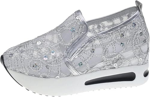 Women's Floral Lace Wedge Trainers Fashion Breathable Sneakers with Arch Support Dressy Lightweight Slip on Sneakers Comfortable Thick Heel Casual Outdoor Travel Walking Sports Shoes — view 2
