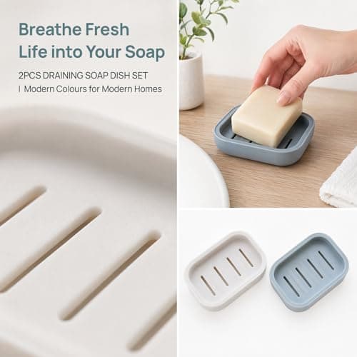 FeiatPogra 2 Pcs Soap Dish Set, 10.5x7.5cm Draining Soap Holder with Non-Slip Base, Plastic Soap Dish，Fast-Dry Portable Soap Box for Bathroom, Shower, Kitchen (Beige & Blue Grey) — view 4