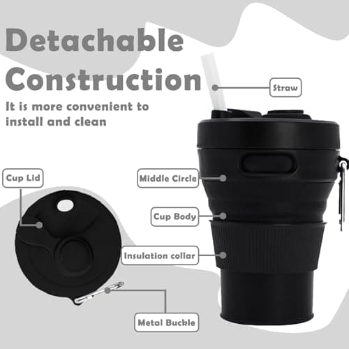 MORAINJAY Collapsible Coffee Cup with Lids,15oz/450ml Black Silicone Portable Reusable Coffee Mug,Foldable Camping Travel Cup Fits in Your Pocket(Collapses to 6cm) — view 3