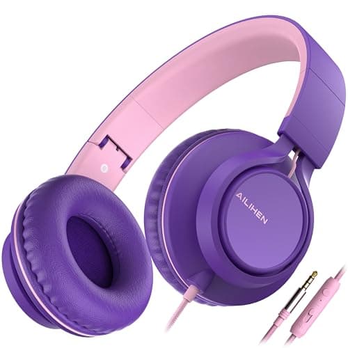 Ailihen C8 Headphones Wired with Mic Foldable and Adjustable, Purple Pink