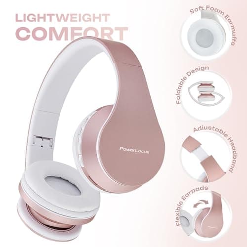 PowerLocus Wireless Bluetooth Over-Ear Stereo Foldable Headphones, Wired Headsets Noise Cancelling with Built-in Microphone for iPhone, Samsung, LG, iPad (Rose Gold) — view 2