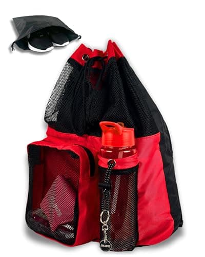 JIMJOOS Drawstring Mesh Swimming Bag - 25L Waterproof Swim Bag with Wet/Dry Compartment, Multifunctional Sports Backpack for Kids, Adults, Swimming, Surfing, Beach, Gym (RED)