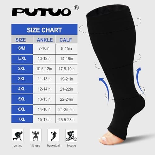 PUTUO Plus Size Compression Socks: Wide Calf Graduated Compression Stockings Men Women Open Toe Extra Large Compression Sock for Support Flight Travel Pregnancy Nurses 20-30 mmHg Black 7XL 1Pairs — view 2