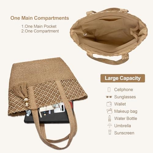 YAMEIZE Straw Woven Beach Shoulder Bags for Women Big Foldable Straw Tote bag Lightweight Raffia Bag with Zipper Summer Vacation — view 5