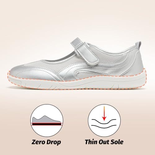 HOBIBEAR Barefoot Shoes Women Wide Toe Box Mary Jane Flat Slip on Ballet Shoes Comfortable Walking Shoes with Zero Drop Sole Silver — view 4